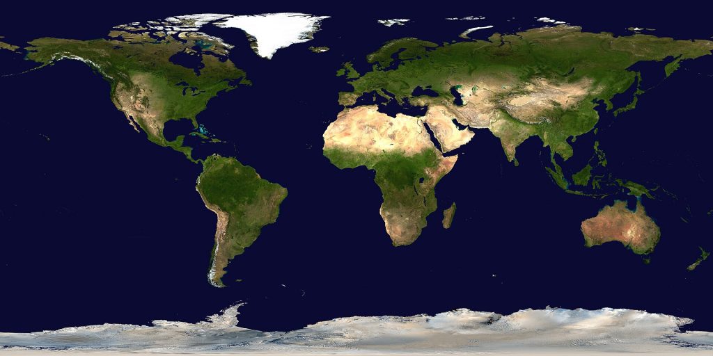 Satellite composite map of the whole world showing continents and oceans