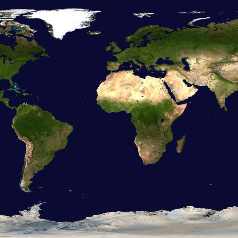 Satellite composite map of the whole world showing continents and oceans