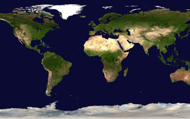 Satellite composite map of the whole world showing continents and oceans