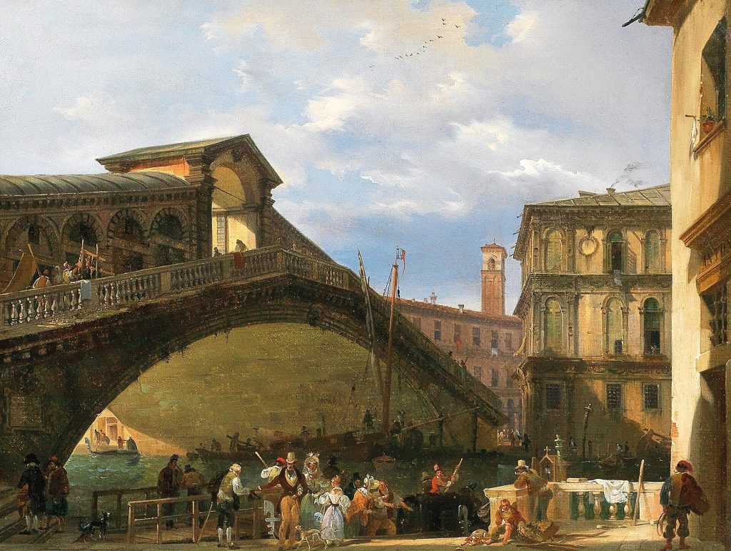 Painting of Venice's Rialto Bridge over the Grand Canal with boats and merchants