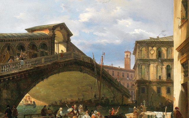 Painting of Venice's Rialto Bridge over the Grand Canal with boats and merchants