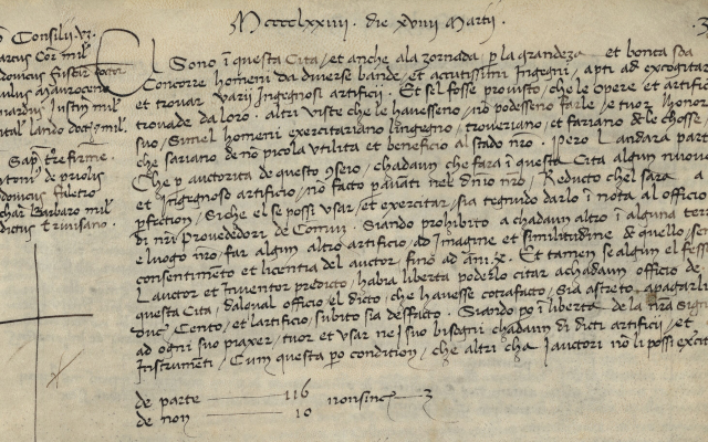 Handwritten page of the 1474 Venetian Patent Statute, the first codified patent law