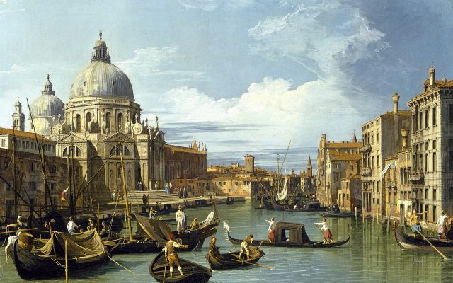 Canaletto painting of gondolas on the Grand Canal in Venice with the domed church of Santa Maria della Salute