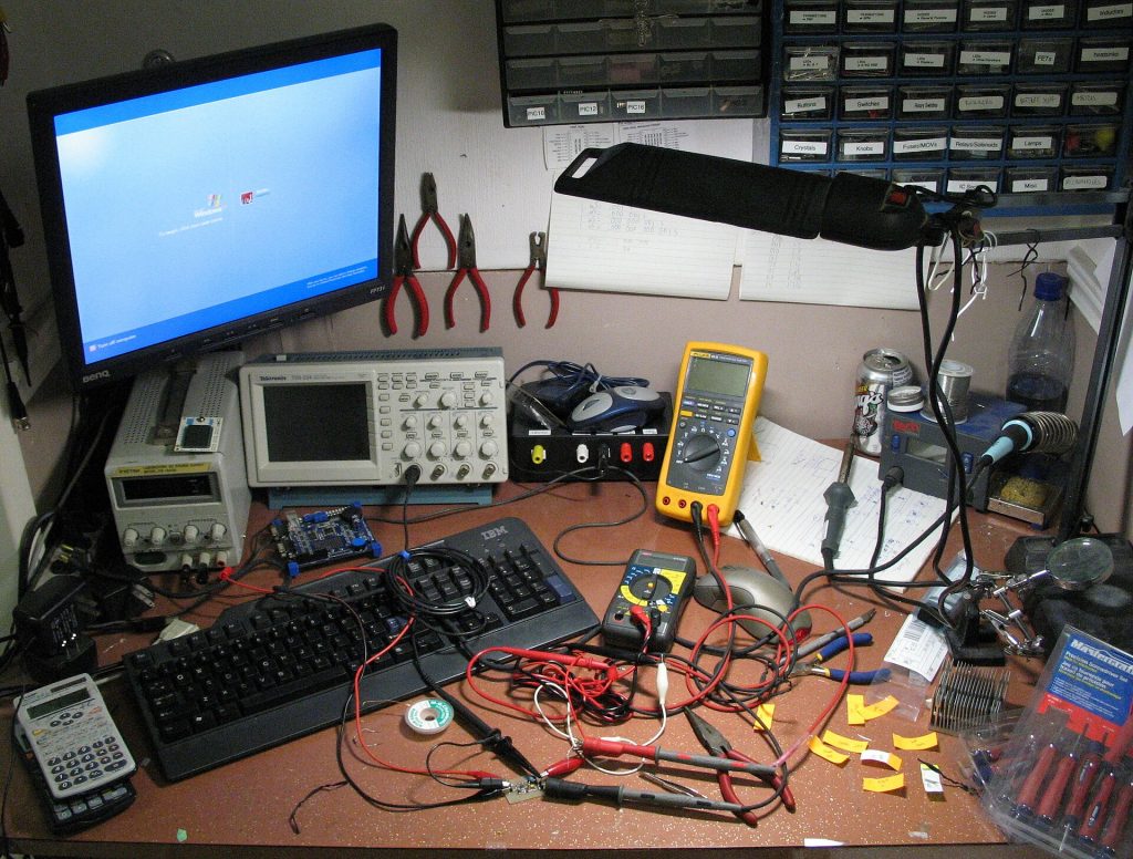 Workbench with electronic tools and components for building prototypes