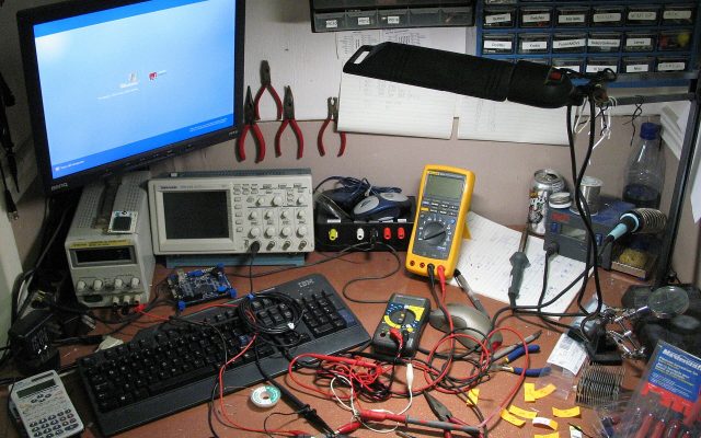 Workbench with electronic tools and components for building prototypes
