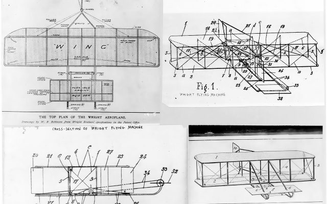 Patent drawing of the Wright brothers' flying machine showing wings and control surfaces